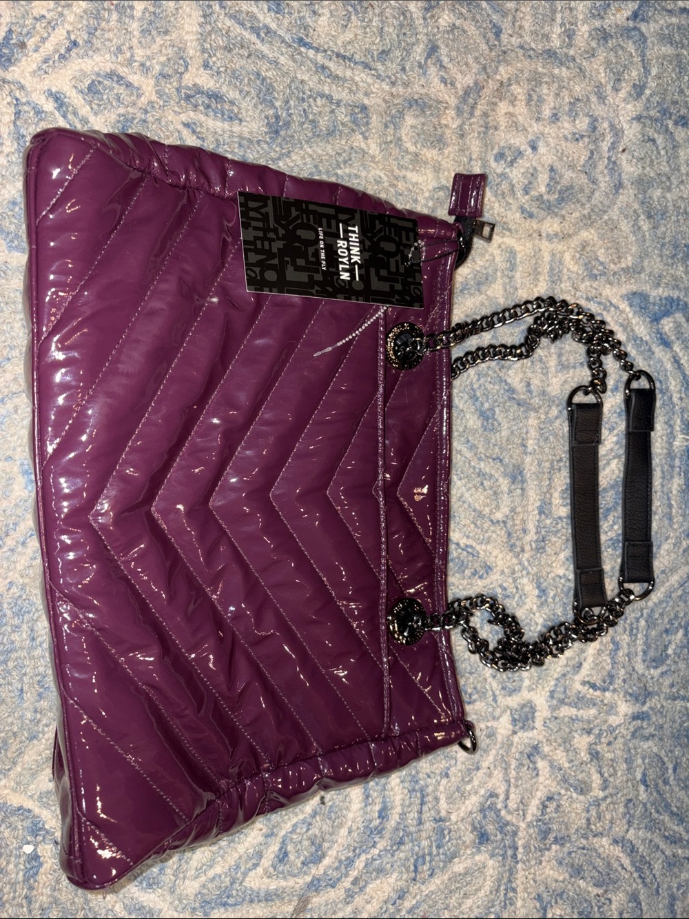 THINK ROYLN Quilted Patent Shoulder Bag in Plum